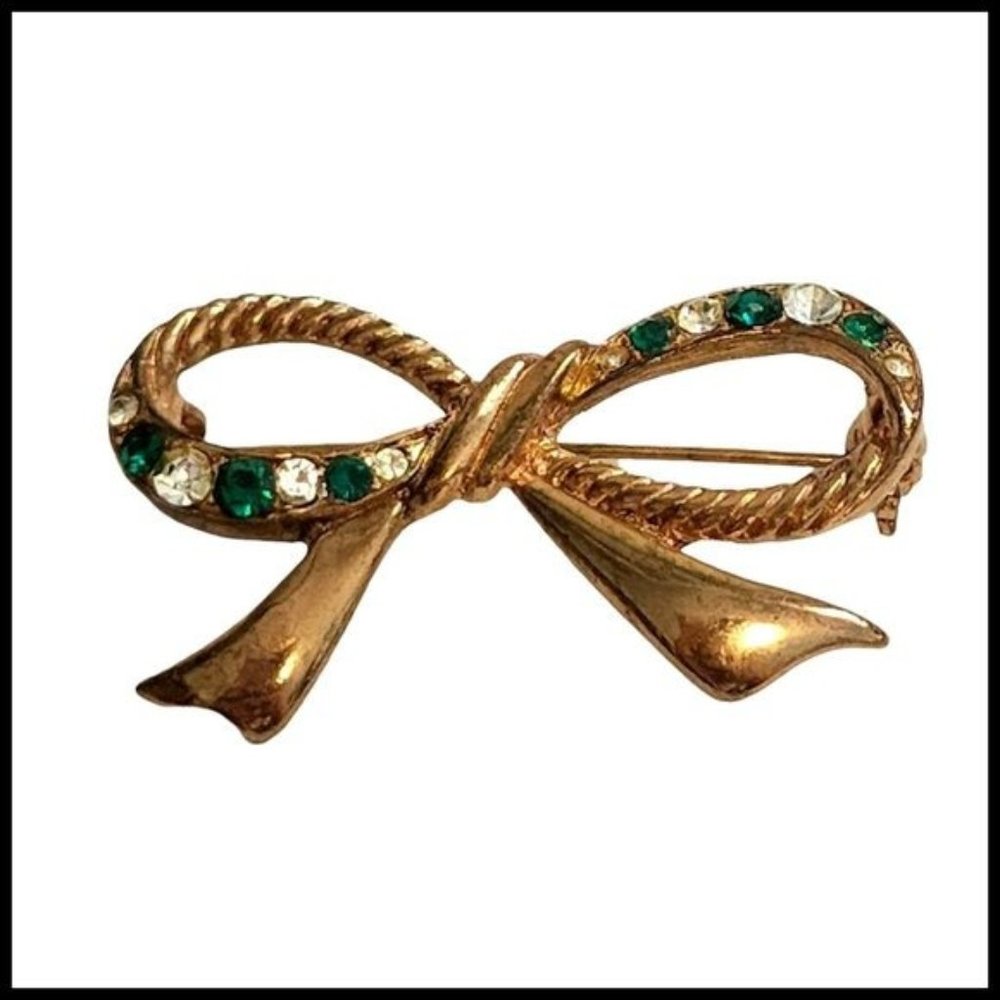 Vintage Gold Tone Bow Rhinestone White Green Holiday Christmas Brooch Pin